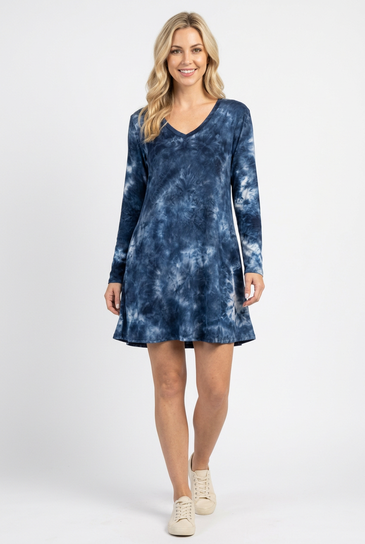 Regular-size blonde model wearing the navy tie-dye dress