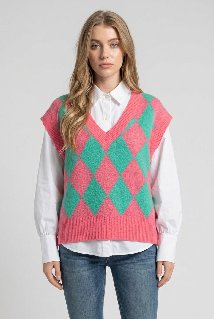 Regular-size blonde model wearing the pink-and-green diamond vest over a white shirt
