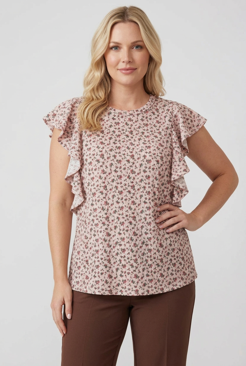 Regular-size blonde model wearing the pink floral ruffle top with chocolate-brown pants