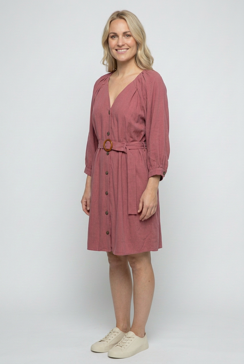 Rose belted dress side studio view