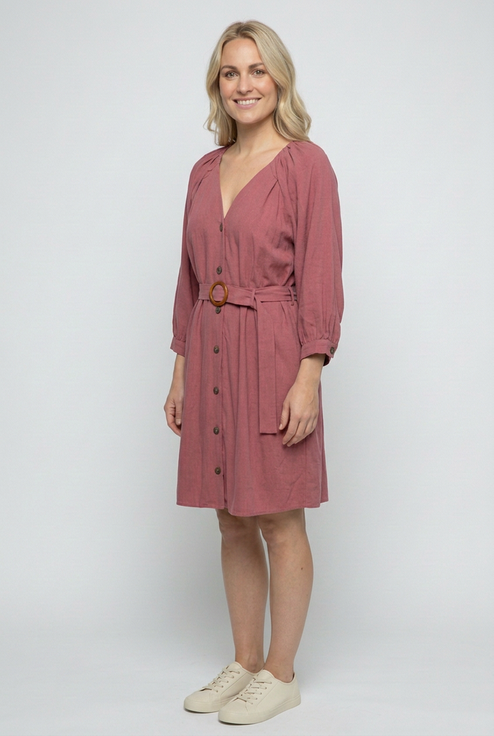 Rose belted dress side studio view