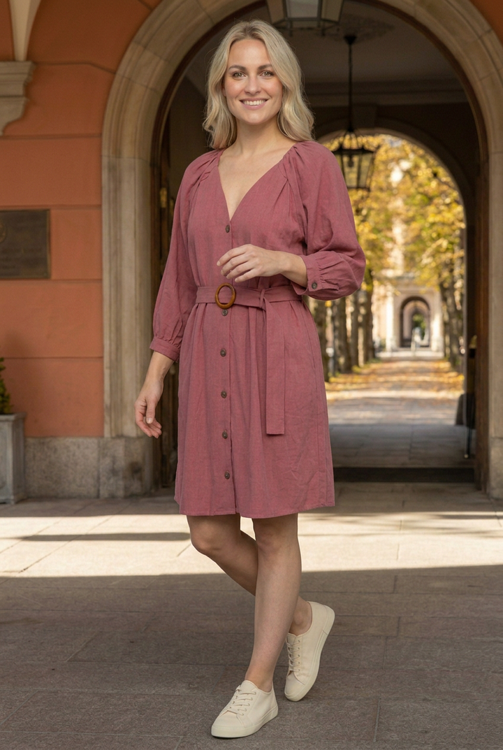 Rose dress half-side lifestyle view with a relaxed candid pose