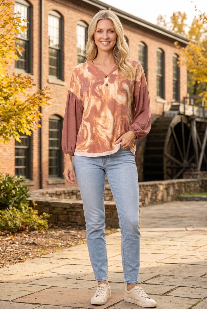 Rust-and-cream marbled top front lifestyle view