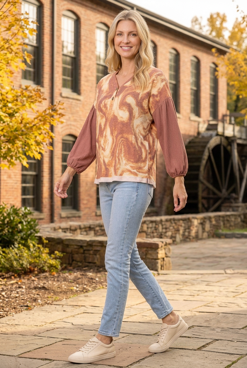 Rust-and-cream marbled top half-side lifestyle view