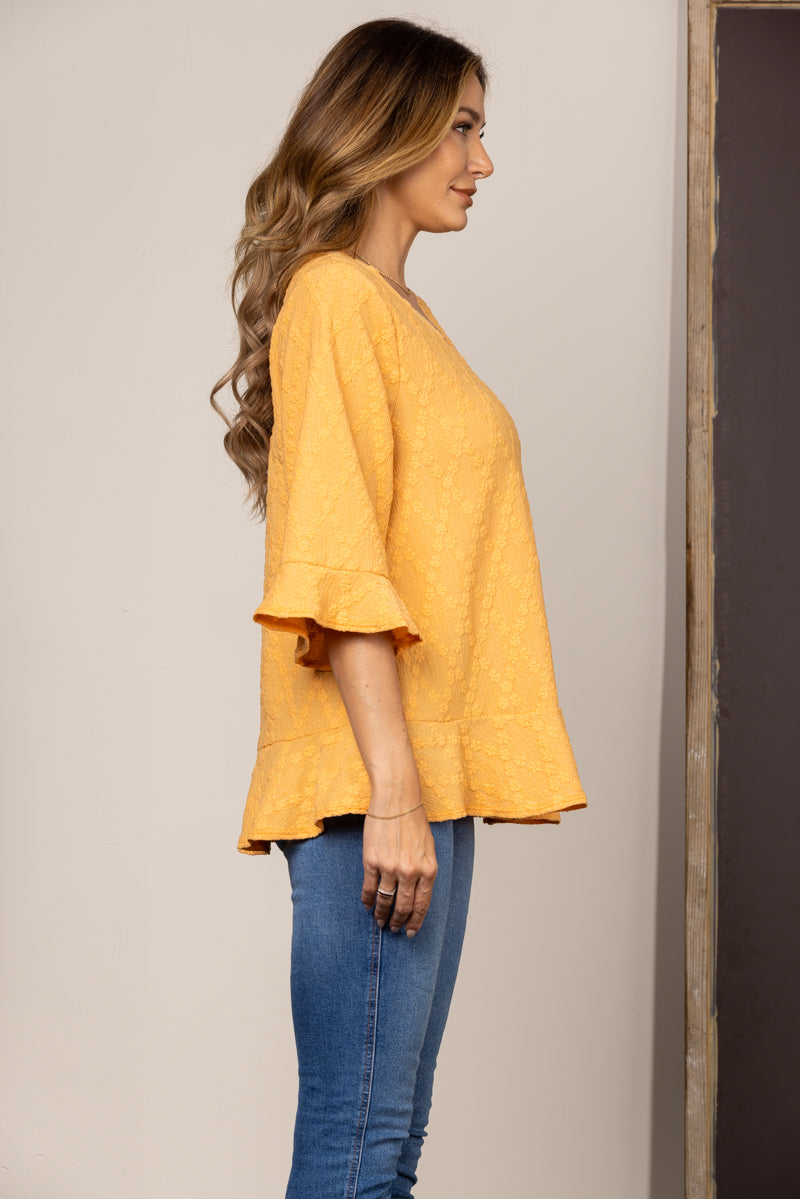 MUSTARD EMBOSSED FLORAL 3/4 SLEEVES BLOUSE TOP T2028