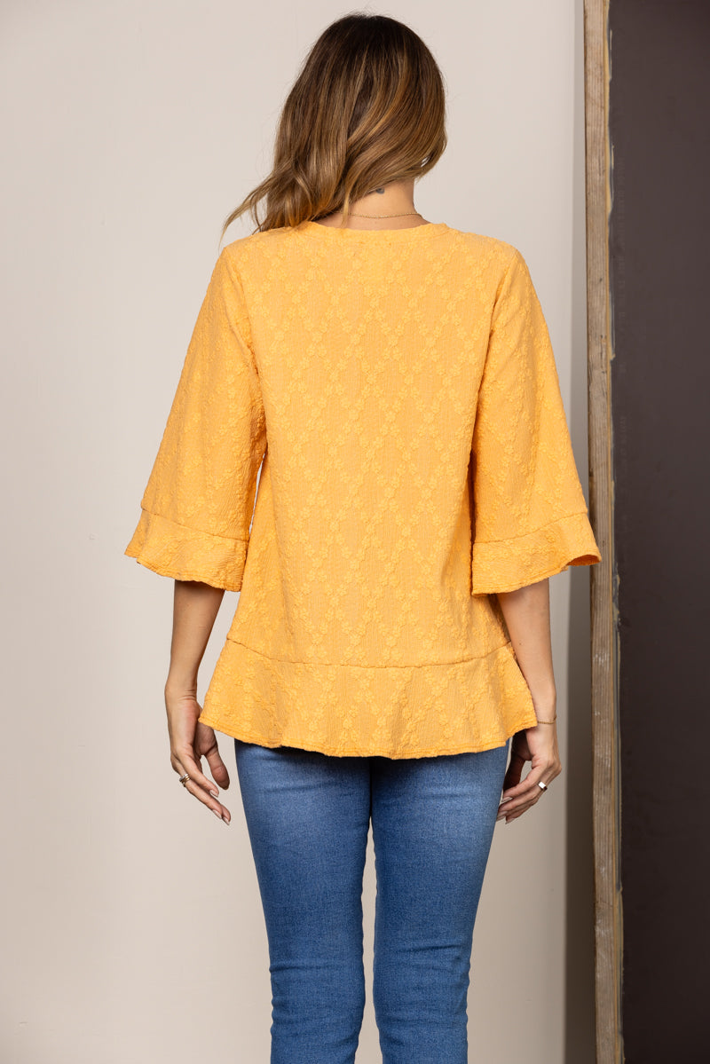 MUSTARD EMBOSSED FLORAL 3/4 SLEEVES BLOUSE TOP T2028