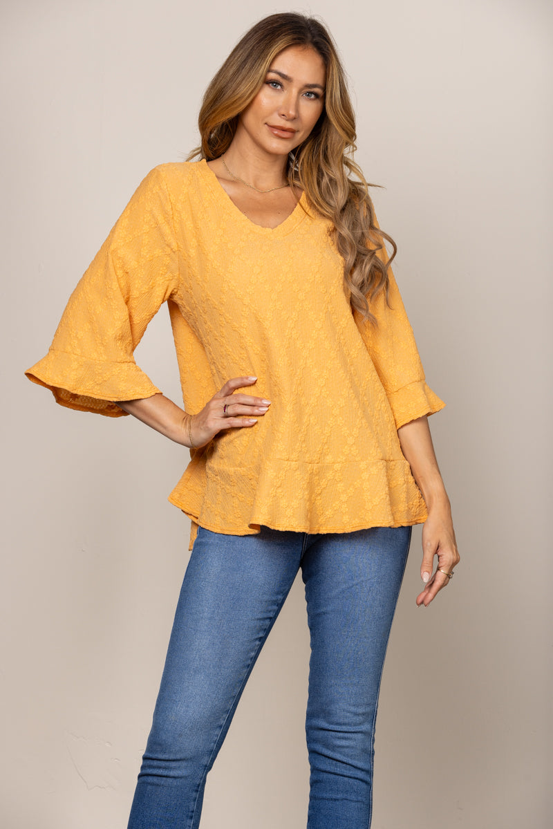 MUSTARD EMBOSSED FLORAL 3/4 SLEEVES BLOUSE TOP T2028