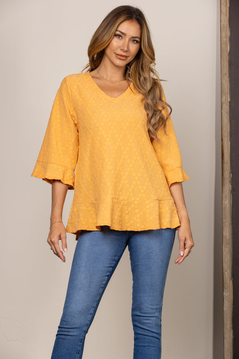 MUSTARD EMBOSSED FLORAL 3/4 SLEEVES BLOUSE TOP T2028