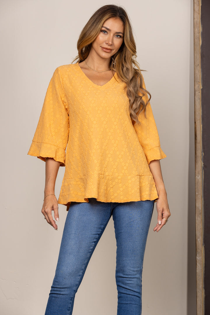 MUSTARD EMBOSSED FLORAL 3/4 SLEEVES BLOUSE TOP T2028