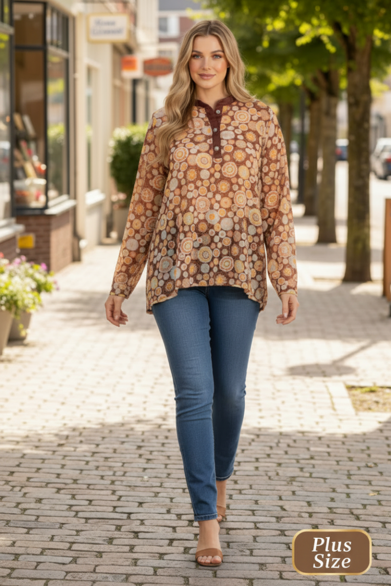 MANDARIN COLLAR FLORAL PRINT PLUS SIZE TOP T7538-
