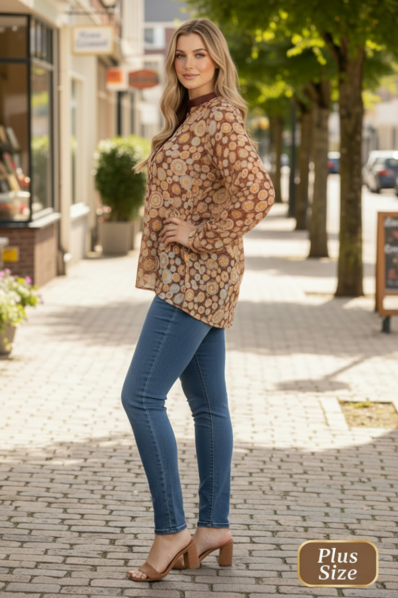 MANDARIN COLLAR FLORAL PRINT PLUS SIZE TOP T7538-