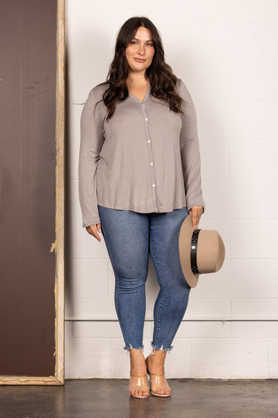 T8820PL-Wholesale TAUPE V-NECK  STRIPES LONG SLEEVES PLUS SIZE TOP