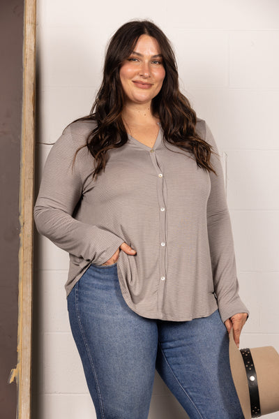 TAUPE V-NECK  STRIPES LONG SLEEVES PLUS SIZE TOP T8820PL