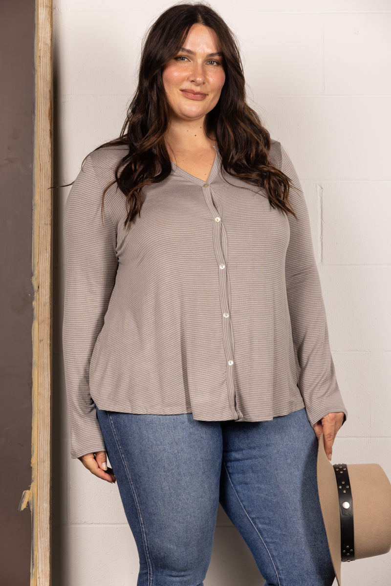 TAUPE V-NECK  STRIPES LONG SLEEVES PLUS SIZE TOP T8820PL