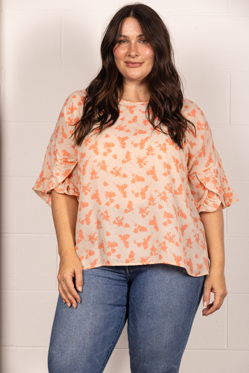 TP2029-Wholesale PEACH FLORAL PRINT BELL RUFFLED SLEEVES PLUS SIZE TOP