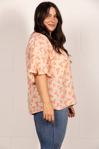 PEACH FLORAL PRINT BELL RUFFLED SLEEVES PLUS SIZE TOP TP2029