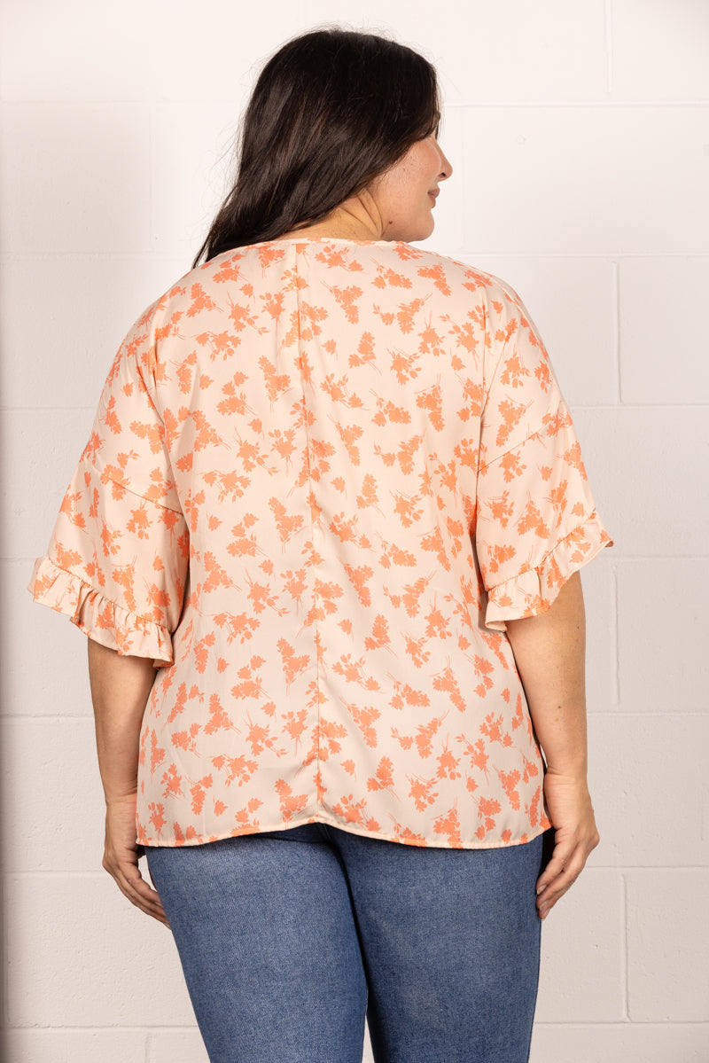 PEACH FLORAL PRINT BELL RUFFLED SLEEVES PLUS SIZE TOP TP2029
