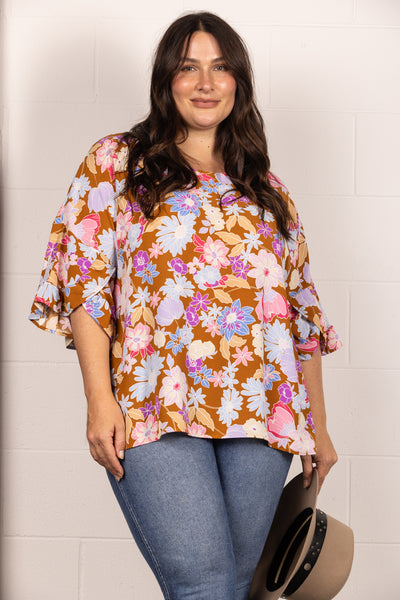 TP2029-Wholesale BROWN FLORAL PRINT BELL RUFFLED SLEEVES PLUS SIZE TOP