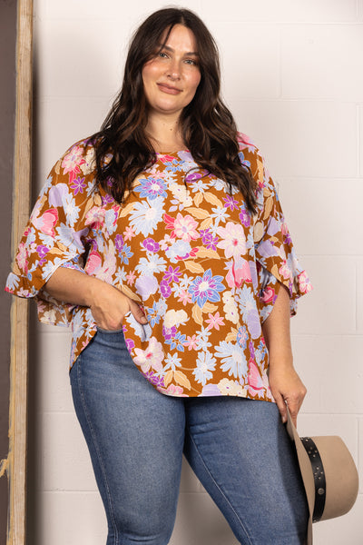 BROWN FLORAL PRINT BELL RUFFLED SLEEVES PLUS SIZE TOP TP2029
