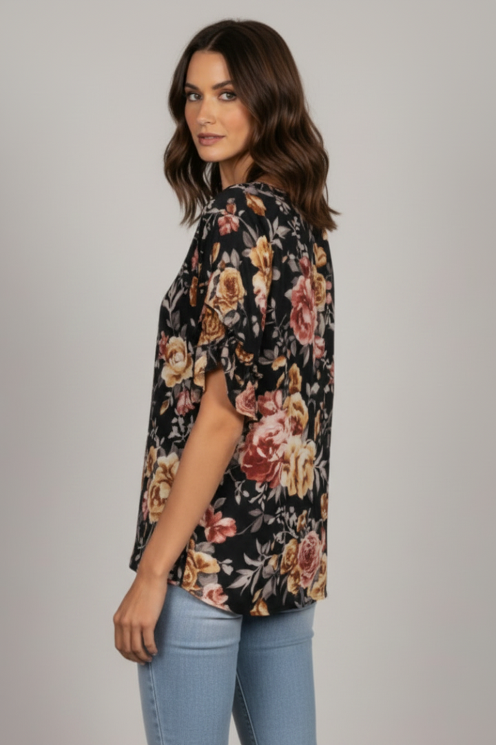 BLACK CHIFFON FLORAL PRINT LAYERED SLEEVES TOP T1961-5