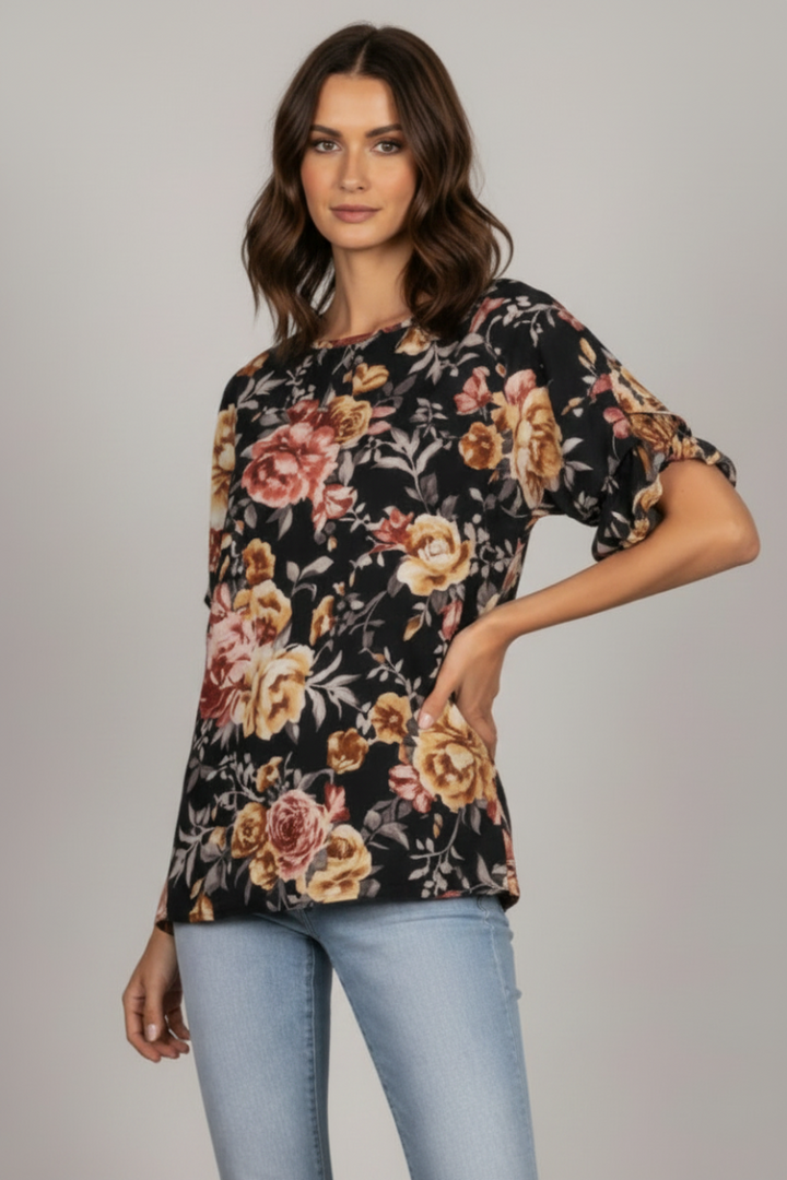 BLACK CHIFFON FLORAL PRINT LAYERED SLEEVES TOP T1961-5