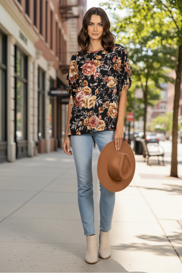 BLACK CHIFFON FLORAL PRINT LAYERED SLEEVES TOP T1961-5