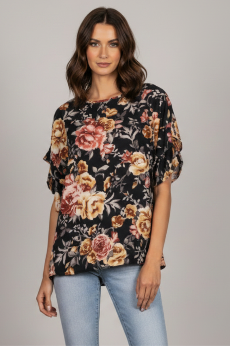 BLACK CHIFFON FLORAL PRINT LAYERED SLEEVES TOP T1961-5