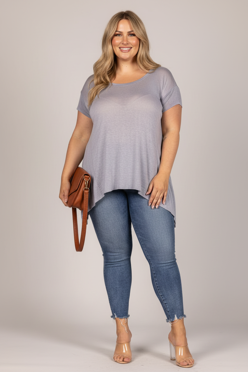 DENIM OVERSIZE ASYMMETRIC HEM TUNIC PLUS SIZE KNIT TOP PTL11719SA