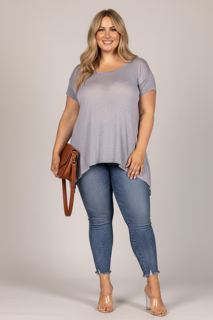DENIM OVERSIZE ASYMMETRIC HEM TUNIC PLUS SIZE KNIT TOP PTL11719SA