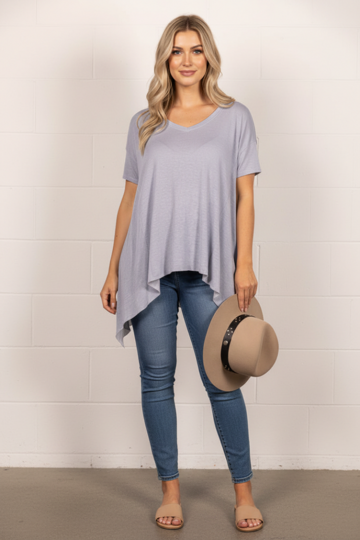 DENIM OVERSIZE ASYMMETRIC HEM TUNIC PLUS SIZE KNIT TOP PTL11719SA