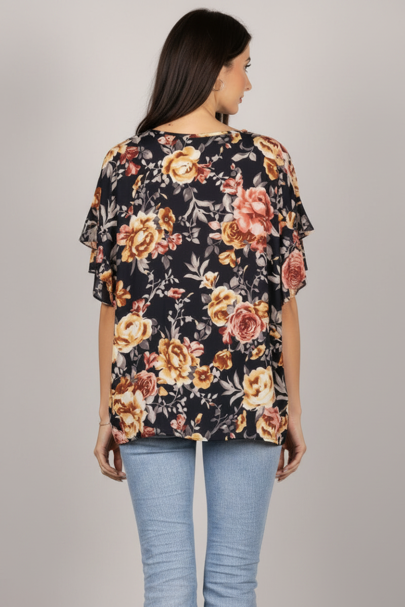 BLACK CHIFFON FLORAL PRINT LAYERED SLEEVES TOP T1961-5