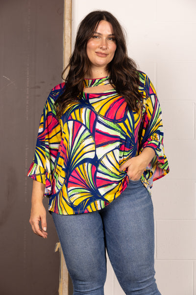 TP2034-1-Wholesale BLUE PRINTED KEY HOLE BELL 3/4 SLEEVES PLUS SIZE TOP