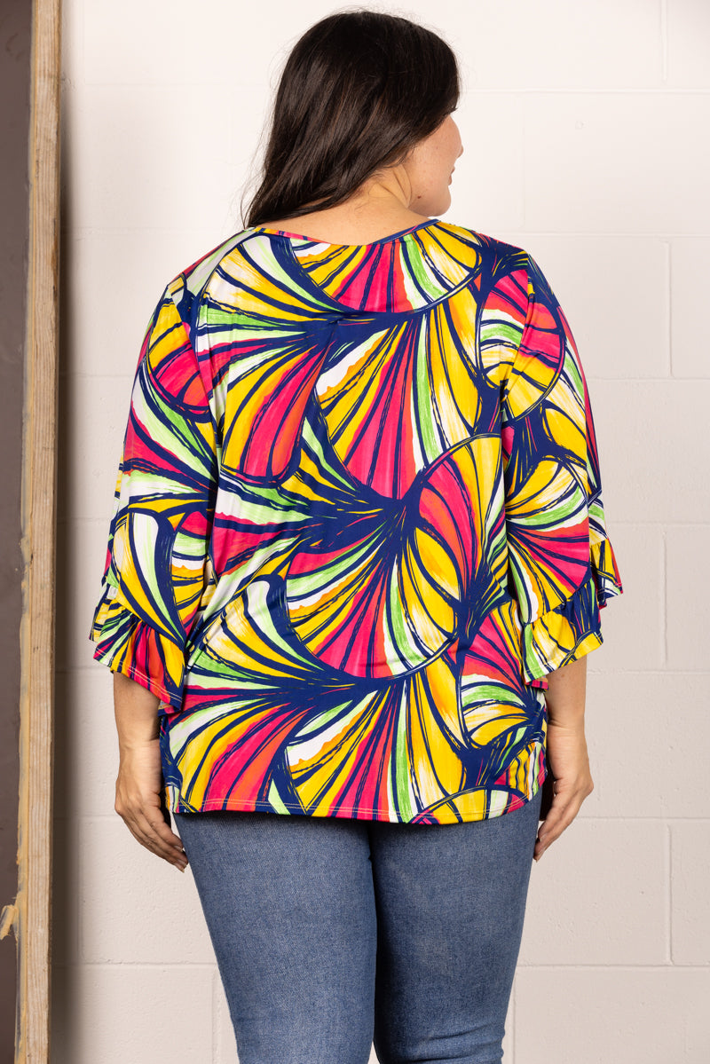 BLUE PRINTED KEY HOLE BELL 3/4 SLEEVES PLUS SIZE TOP TP2034-1