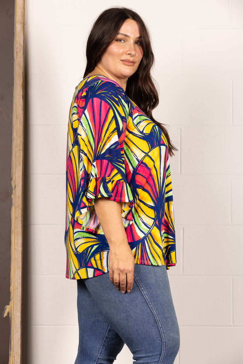 BLUE PRINTED KEY HOLE BELL 3/4 SLEEVES PLUS SIZE TOP TP2034-1
