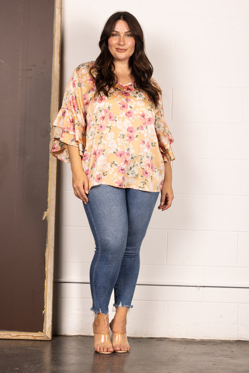 TAUPE FLORAL 3/4 LAYERED BELL SLEEVES PLUS SIZE TOP TP2033