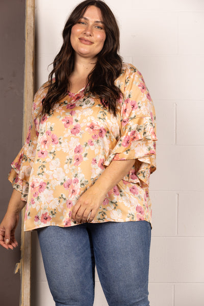 TP2033-Wholesale TAUPE FLORAL 3/4 LAYERED BELL SLEEVES PLUS SIZE TOP