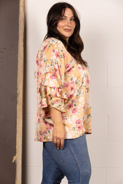 TAUPE FLORAL 3/4 LAYERED BELL SLEEVES PLUS SIZE TOP TP2033