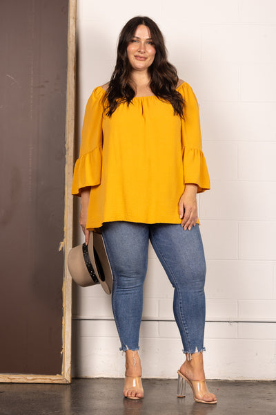 T2001-3-Wholesale MUSTARD SQAURE NECK 3/4 BELL SLEEVES PLUS SIZE TOP