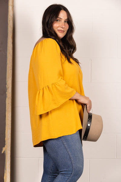 MUSTARD SQUARE NECK 3/4 BELL SLEEVES PLUS SIZE TOP T2001-3