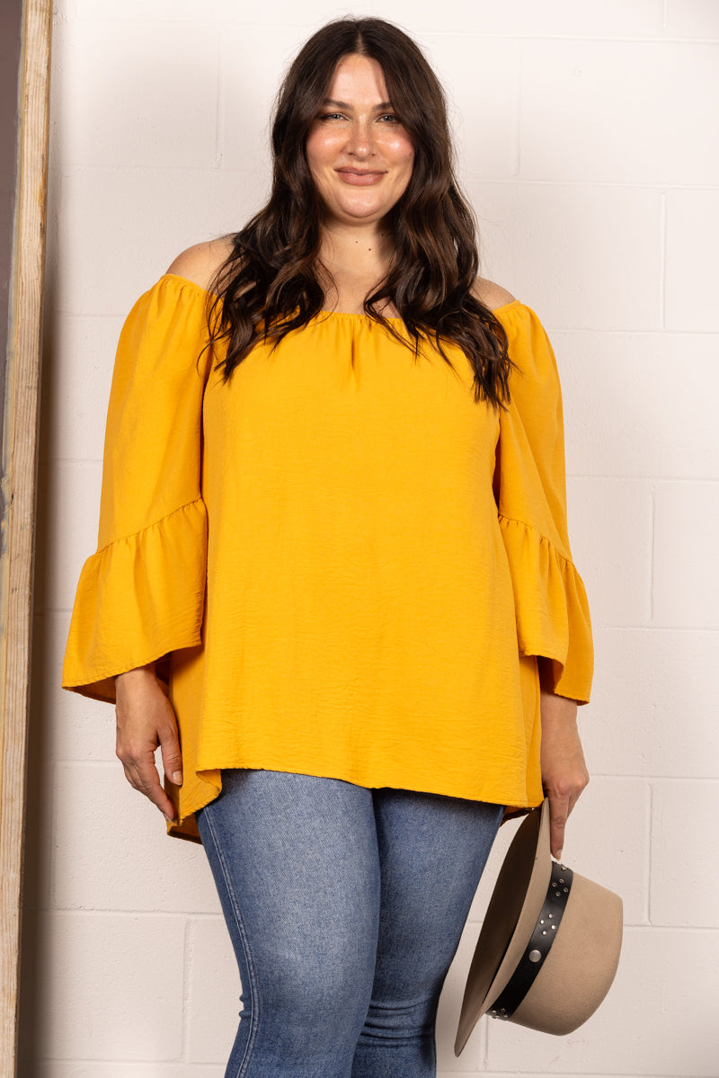 MUSTARD SQUARE NECK 3/4 BELL SLEEVES PLUS SIZE TOP T2001-3