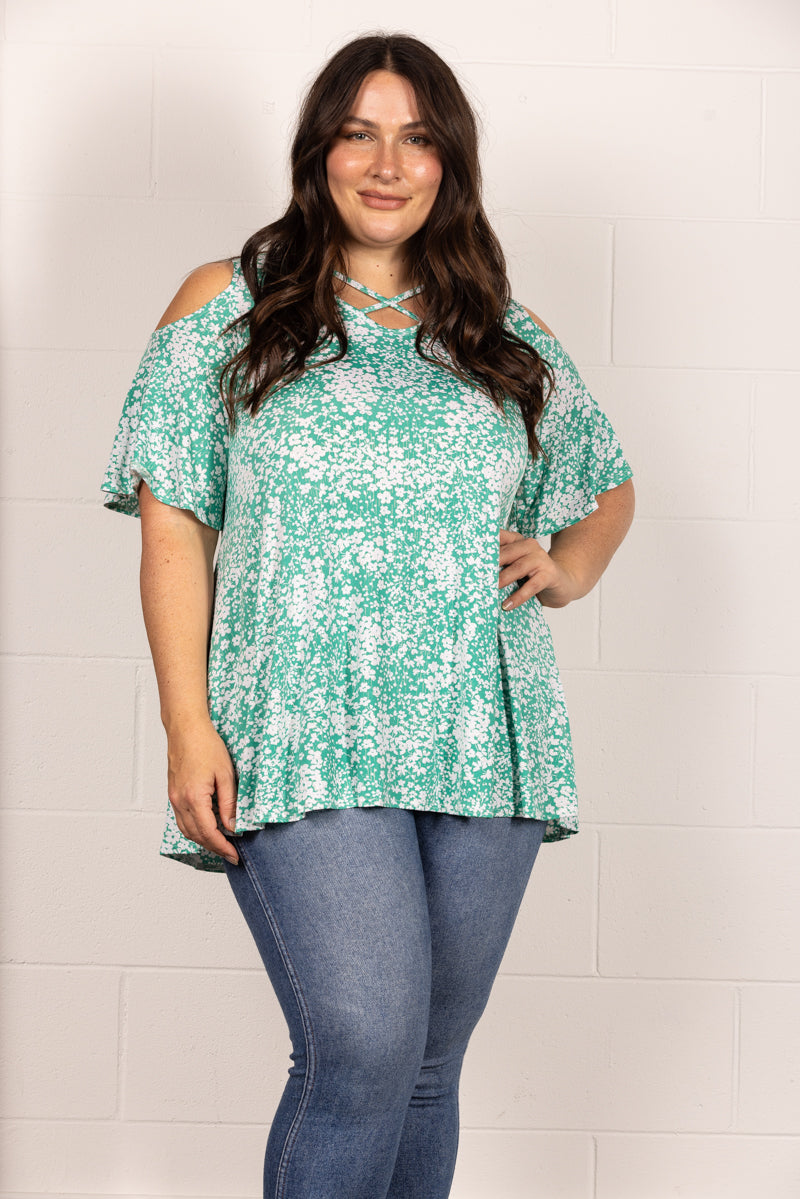 GREEN DITSY FLORAL COLD SHOULDER PLUS SIZE TOP B3966B