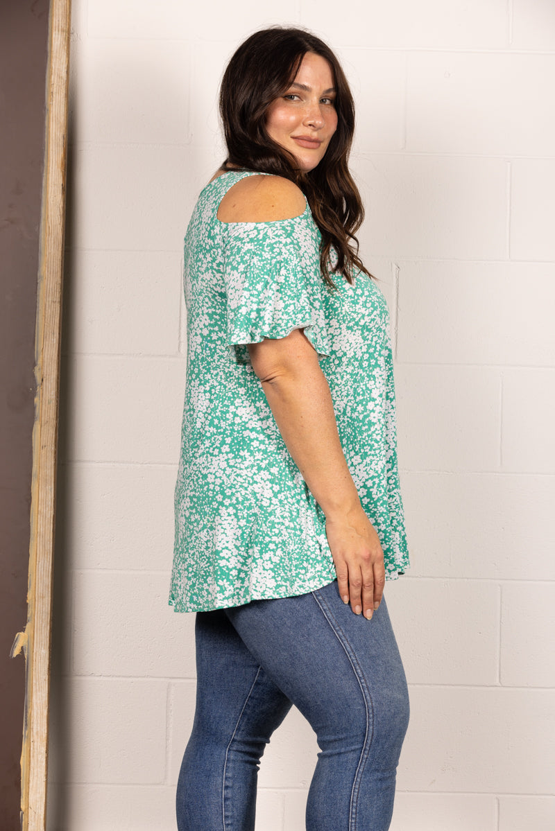 GREEN DITSY FLORAL COLD SHOULDER PLUS SIZE TOP B3966B