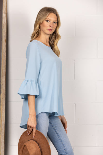 BLUE ROUN NECK RUFFLED BELL 3/4 SLEEVES TOP TY2305A