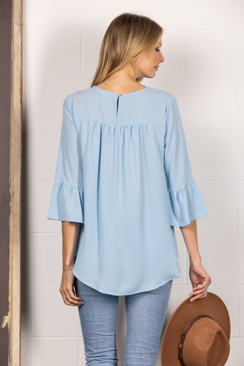 BLUE ROUN NECK RUFFLED BELL 3/4 SLEEVES TOP TY2305A