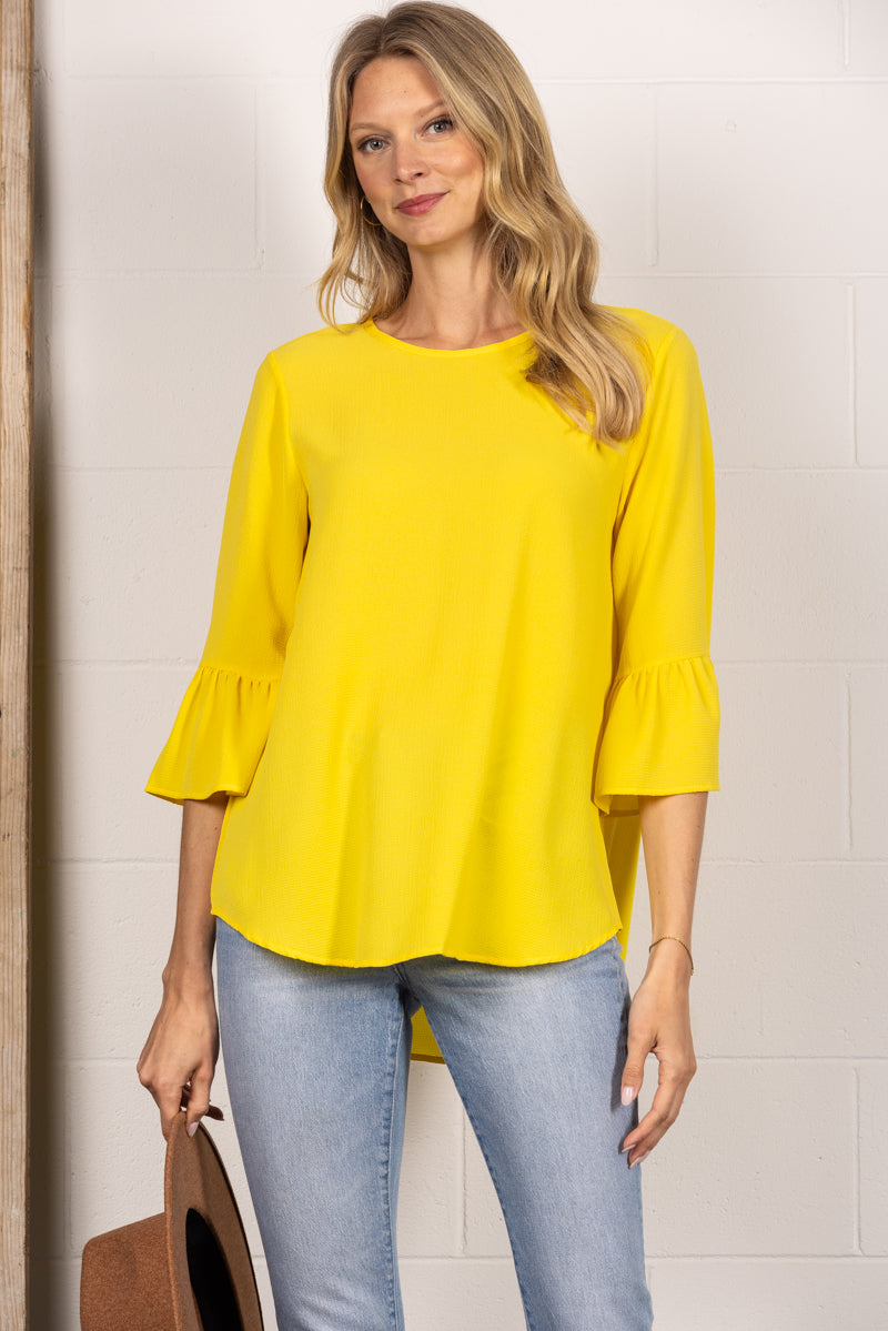 TY2305A-Wholesale YELLOW ROUN NECK RUFFLED BELL 3/4 SLEEVES TOP