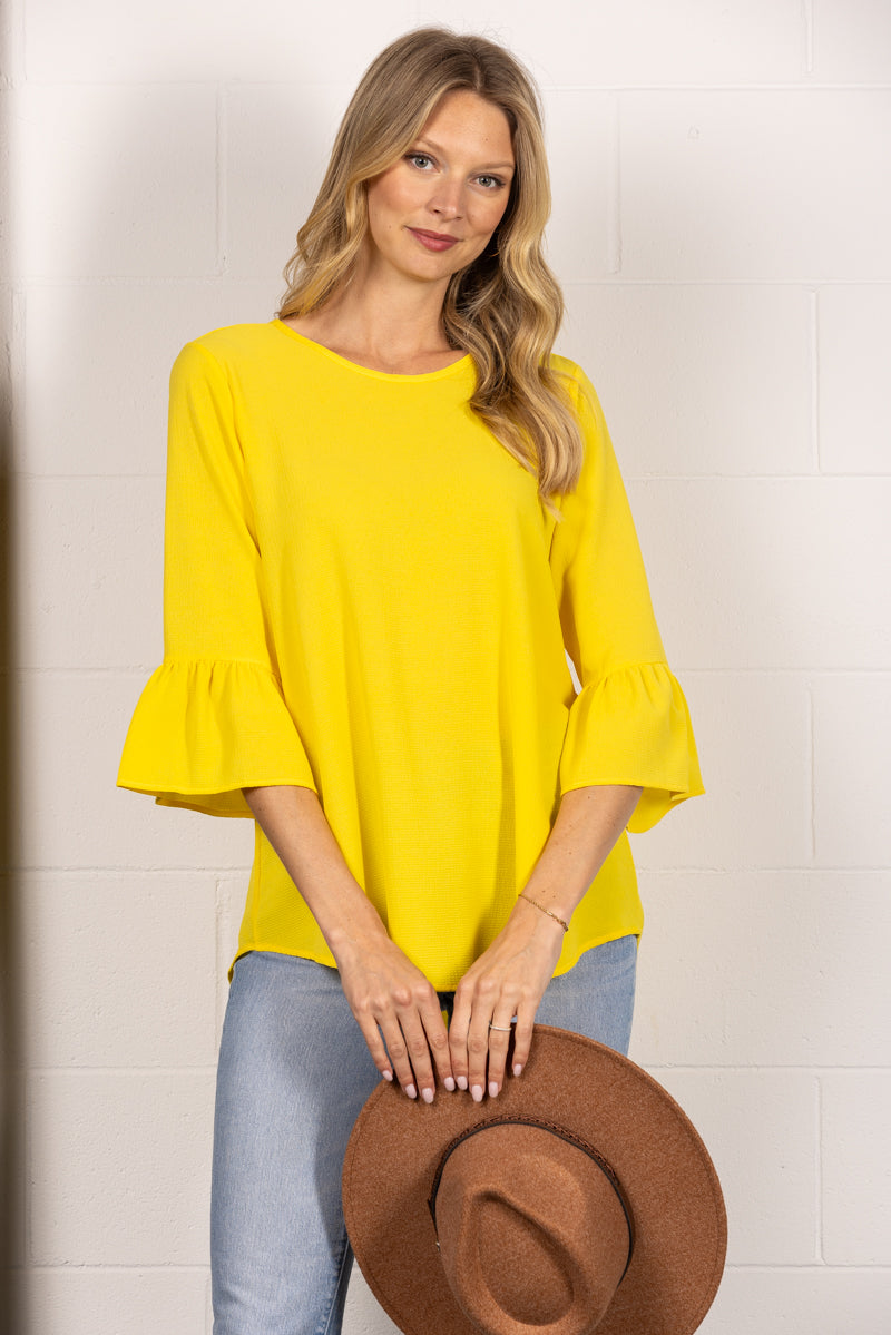 YELLOW ROUN NECK RUFFLED BELL 3/4 SLEEVES TOP TY2305A