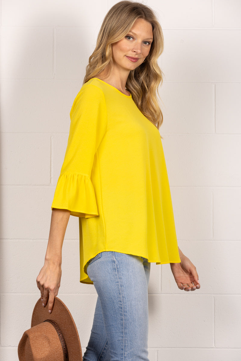 YELLOW ROUN NECK RUFFLED BELL 3/4 SLEEVES TOP TY2305A