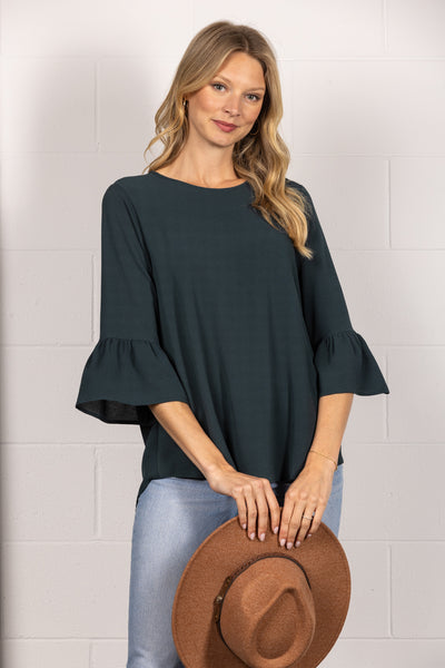 TY2305A-Wholesale MOSSGREEN ROUN NECK RUFFLED BELL 3/4 SLEEVES TOP