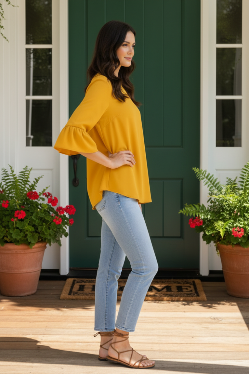 MUSTARD ROUND NECK RUFFLED BELL 3/4 SLEEVES TOP TY2305A -