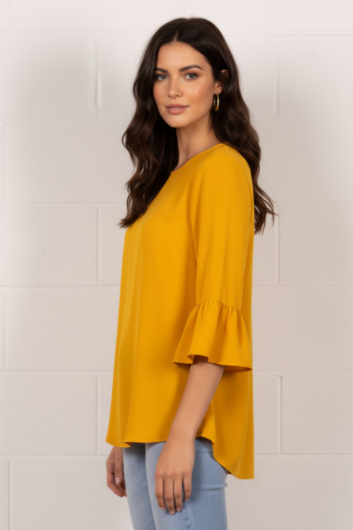 MUSTARD ROUND NECK RUFFLED BELL 3/4 SLEEVES TOP TY2305A -